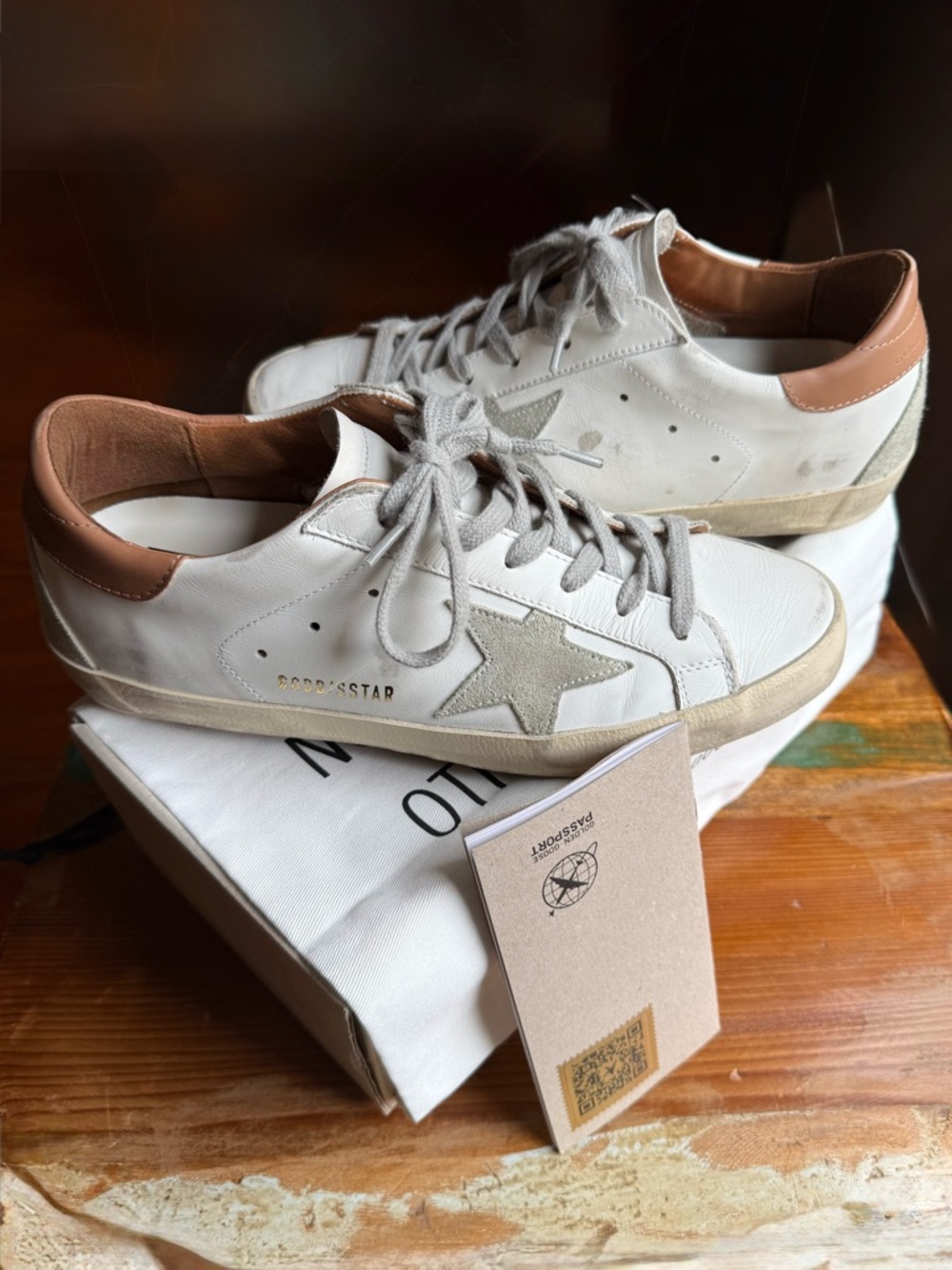 Golden Goose White Leather Low-Top Sneakers with Beige Star and Tan Heel - Picture 11 of 13